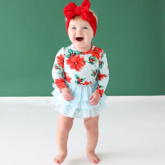 Posh Peanut Winter Lily L/S Tulle Skirt Bodysuit Christmas Poinsettia 0-3M
